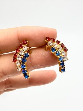 Vintage Red White Blue Rhinestone Clip-On Earrings Gold Tone Curved